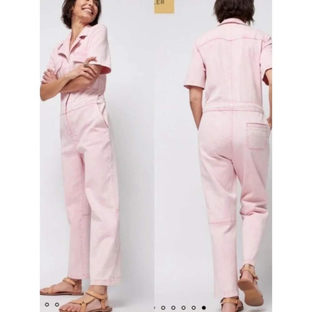 Faherty Blythe Sunwashed Pink Denim Jumpsuit Zip Utility XL Minimalist Pockets